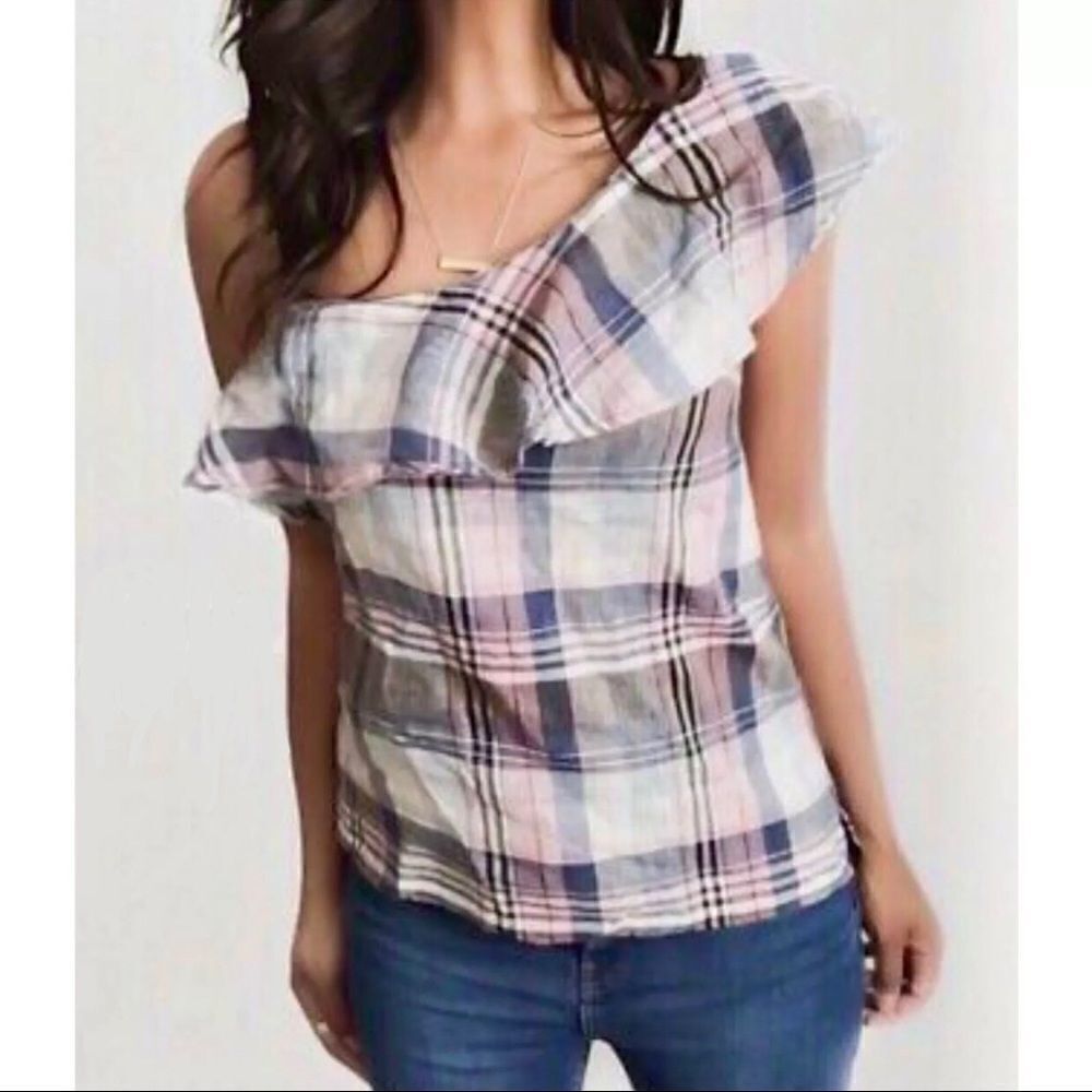 Cloth & Stone Anthropologie Linen Blended Plaid Ruffle One Shoulder Top Size M
